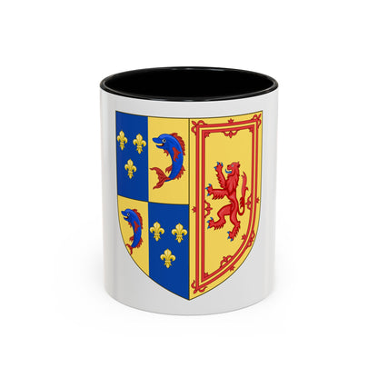Flat vector quartered heraldic shield with blue dolphins, gold fleurs-de-lis and a red rampant lion.
