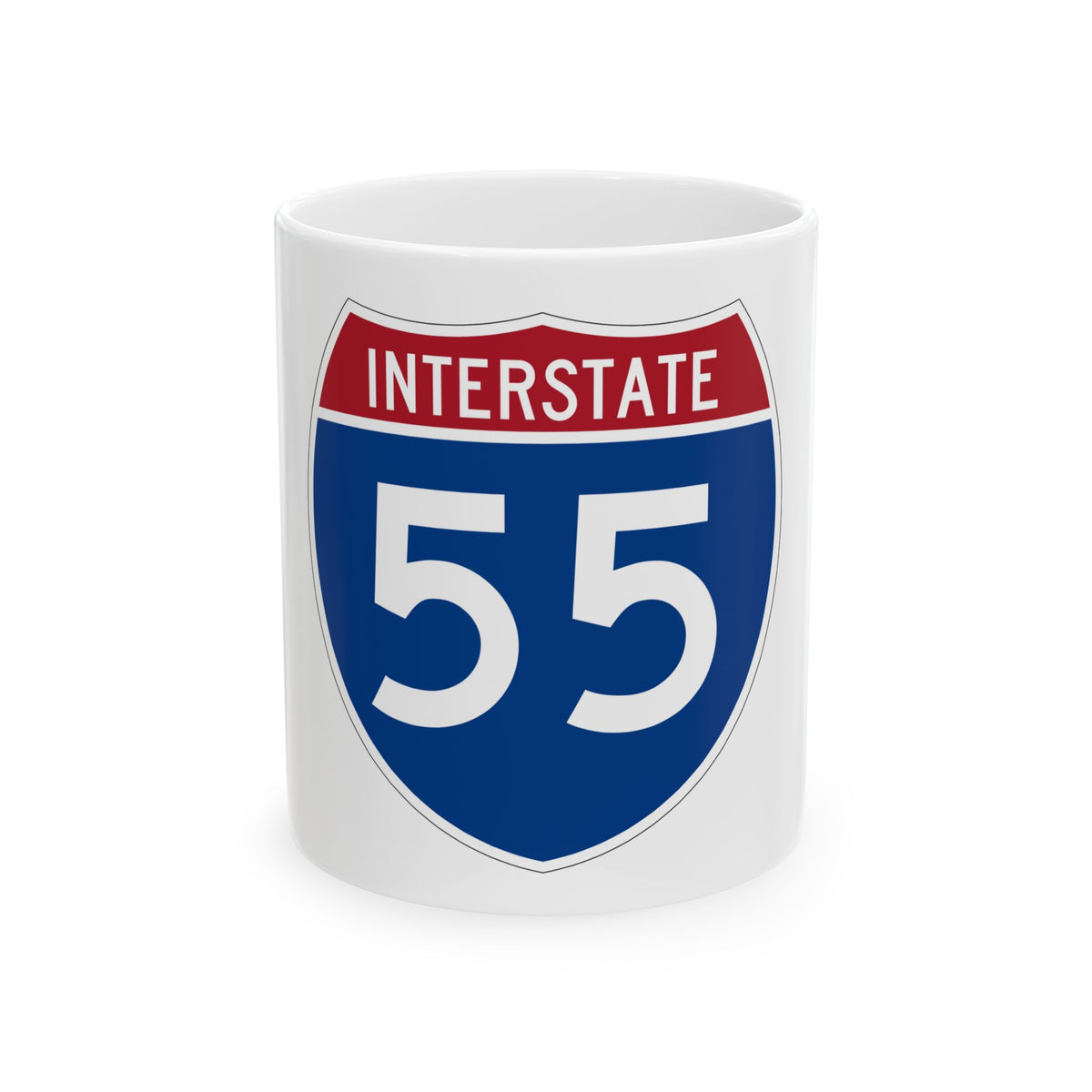 Vector sign for Interstate 55: a navy shield with a red INTERSTATE band and the white number 55 below.