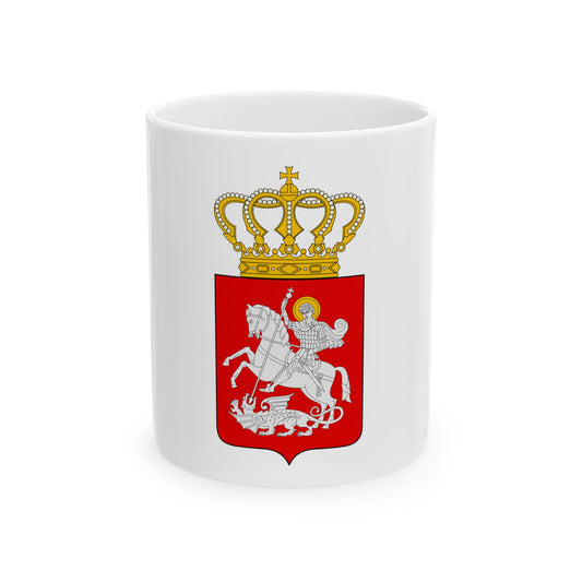 Red heraldic shield showing a silver rider spearing a dragon, topped by a golden pearl-studded crown.