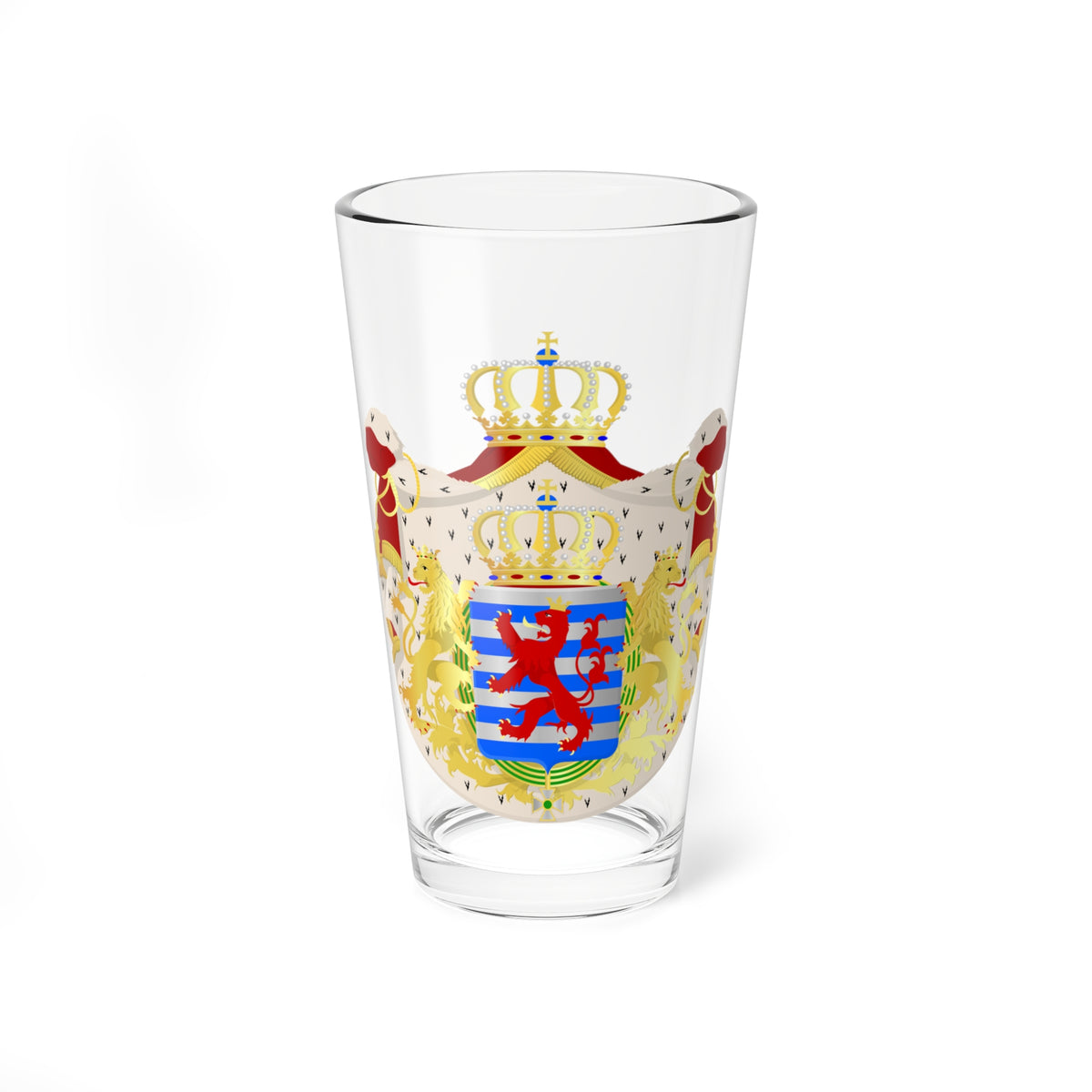 Heraldic coat of arms with two golden lions, a crown on top, and a red lion on a blue and silver striped shield.