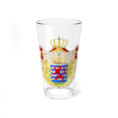 Heraldic coat of arms with two golden lions, a crown on top, and a red lion on a blue and silver striped shield.