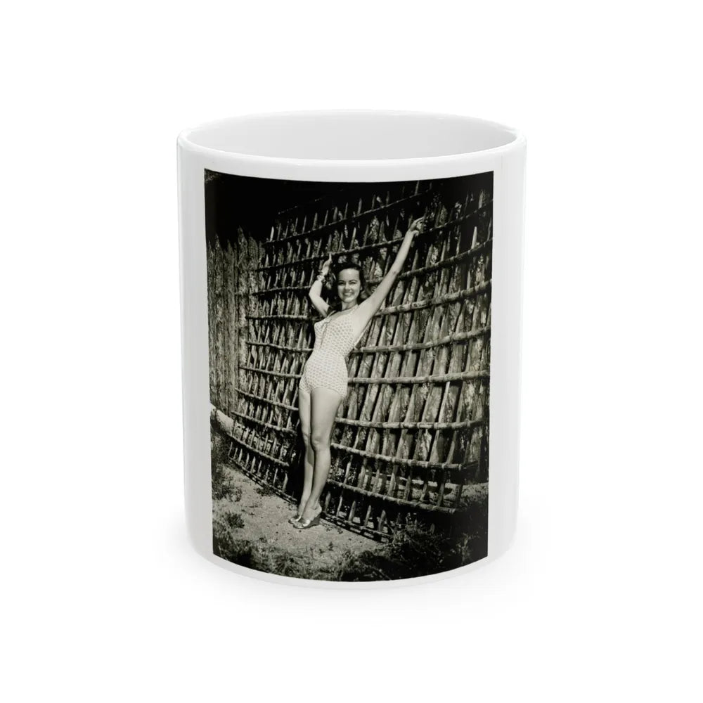 Terry Moore #112 - 1-Piece B&W Full Body Swimsuit Cheesecake Photo in Clad Heels (Vintage Female Icon) White Coffee Mug-11oz-Go Mug Yourself