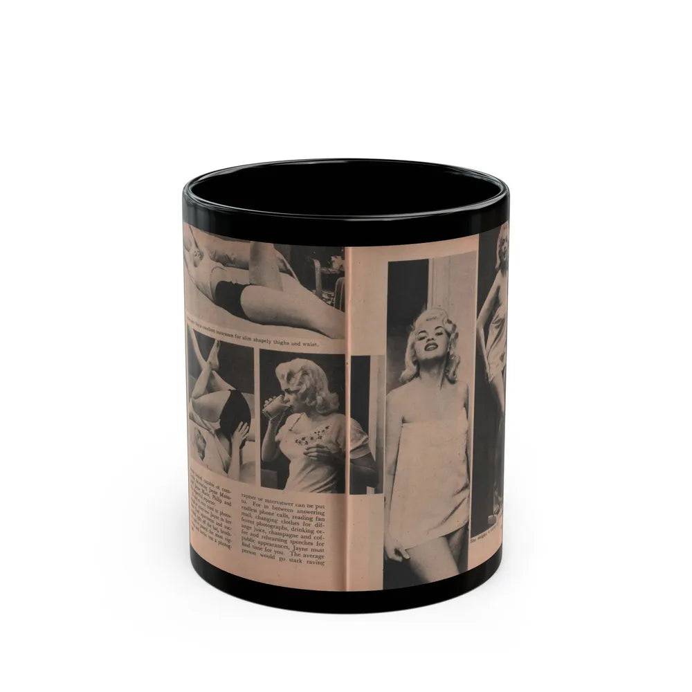 Jayne Mansfield #187 - 2 Pages, 5 B&W Photos, 1 Caption & Article from Foto-rama Digest Mag. Dec. '56 (Vintage Female Icon) Black Coffee Mug-11oz-Go Mug Yourself