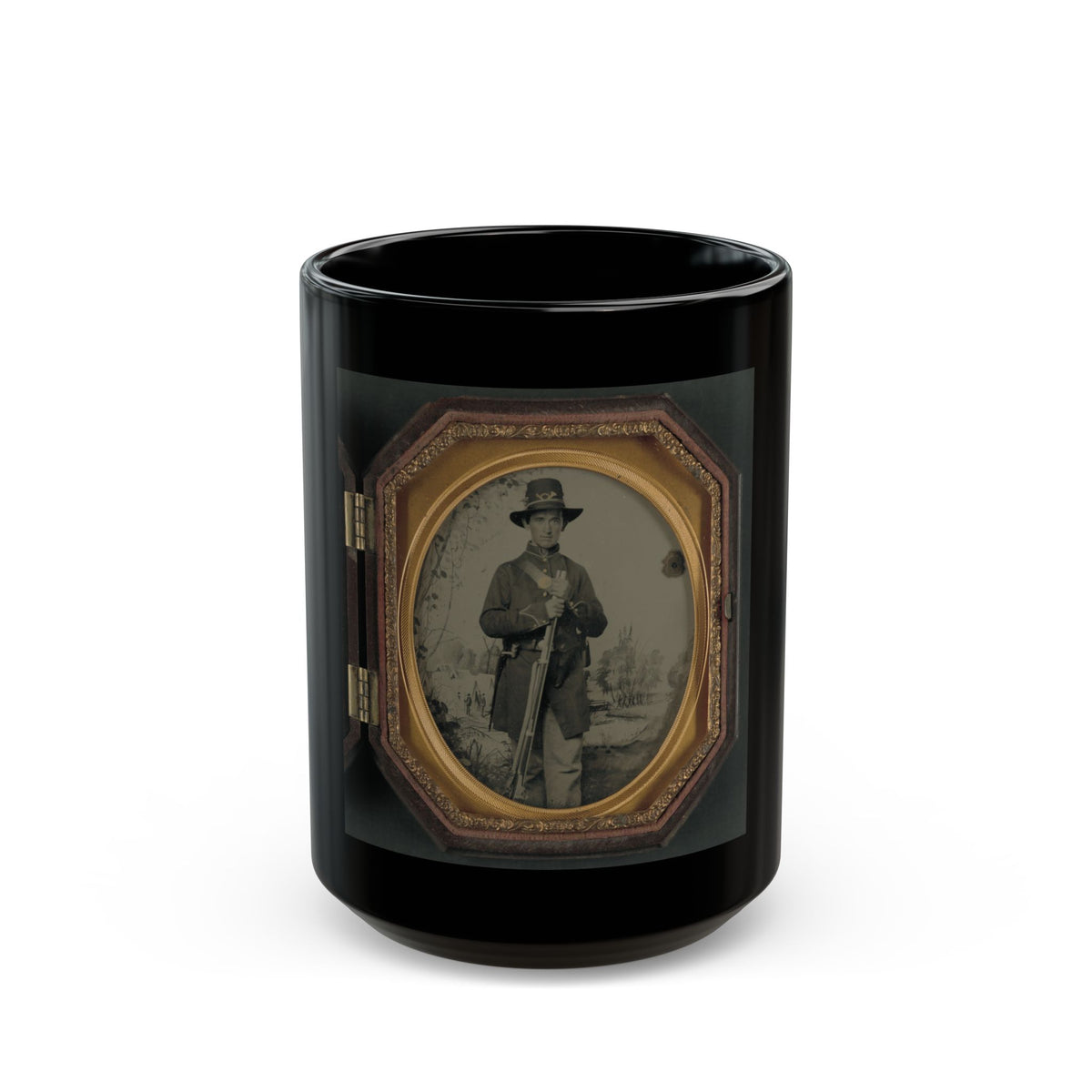 Unidentified Soldier In Union Uniform And Hardee Hat With Rifle In Front Of Painted Backdrop Showing Military Camp (U.S. Civil War) Black Coffee Mug