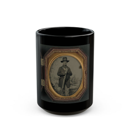 Unidentified Soldier In Union Uniform And Hardee Hat With Rifle In Front Of Painted Backdrop Showing Military Camp (U.S. Civil War) Black Coffee Mug