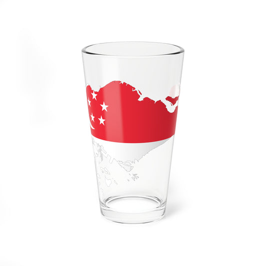 Vector outline of Singapore filled with its national flag, a red upper half with a white crescent and five stars.