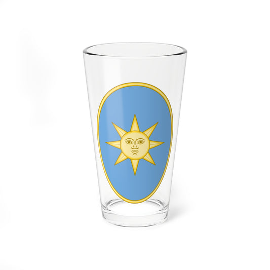 Flat vector oval emblem on sky blue with a gold eight-pointed sun wearing a face at its centre.