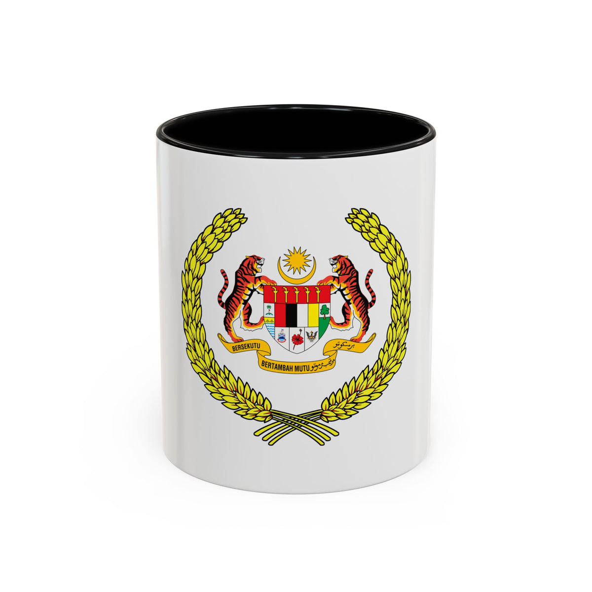 Gold laurel wreath around a shield held by two striped tigers, topped by a crescent and star.