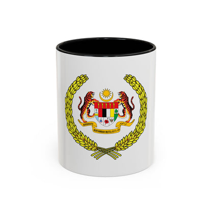 Gold laurel wreath around a shield held by two striped tigers, topped by a crescent and star.
