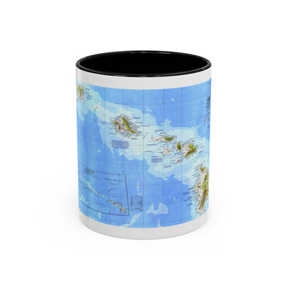 Shaded relief map of the Hawaiian Islands on blue ocean, with terrain shading and a North Pacific inset of the state.