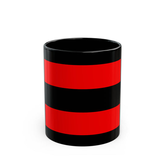 Bold red and black horizontal stripes, two red bands framing a wide central band across the design.