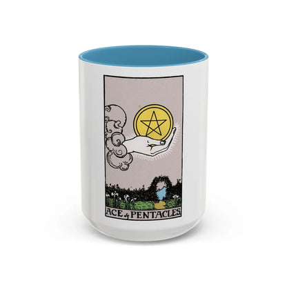 The Ace of p of Pentacles (Tarot Card) Accent Coffee Mug-15oz-Light Blue-Go Mug Yourself