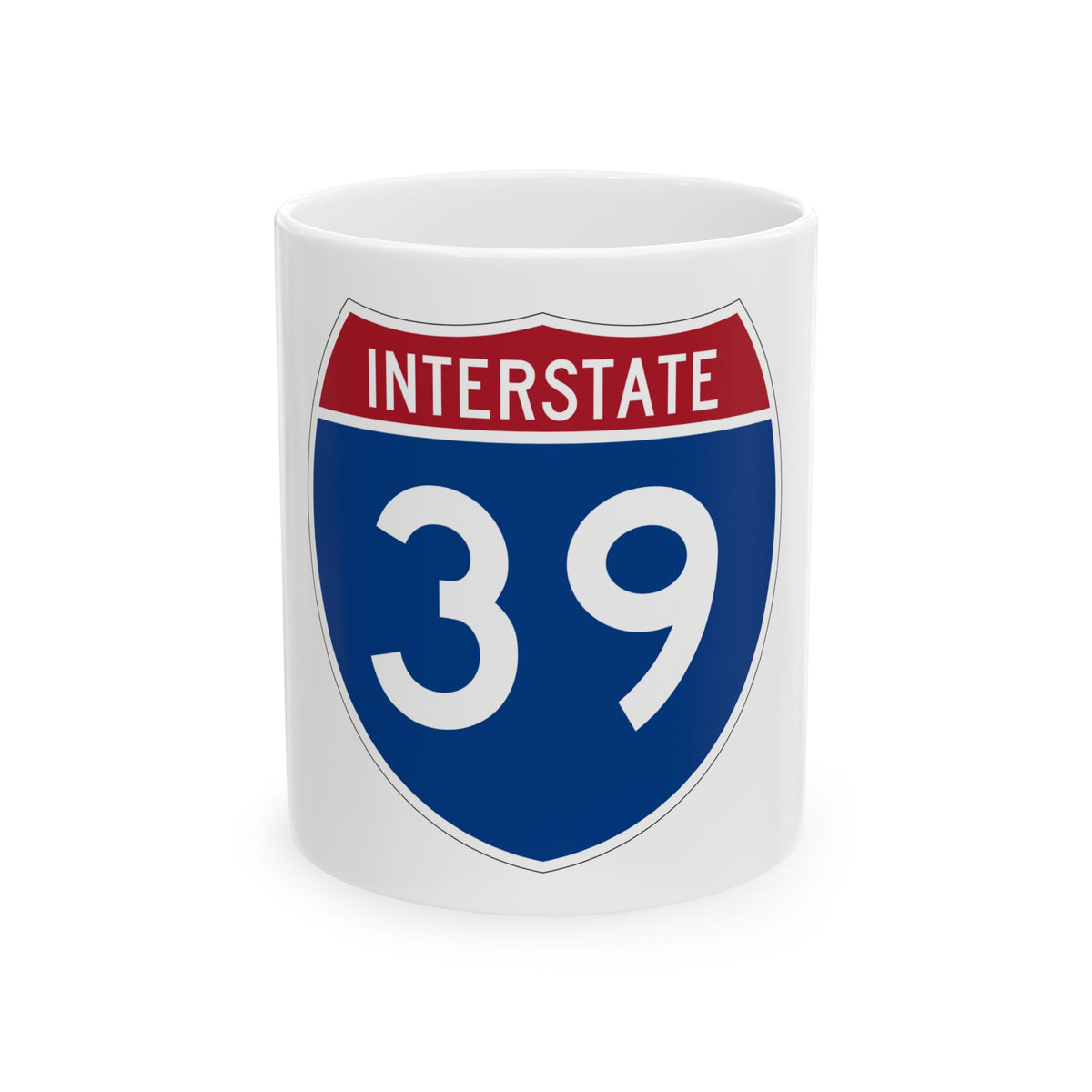 Flat graphic of a navy-blue Interstate 39 highway shield with INTERSTATE on a red band and white numerals.