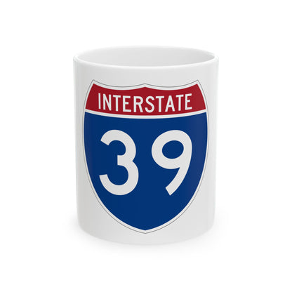 Flat graphic of a navy-blue Interstate 39 highway shield with INTERSTATE on a red band and white numerals.