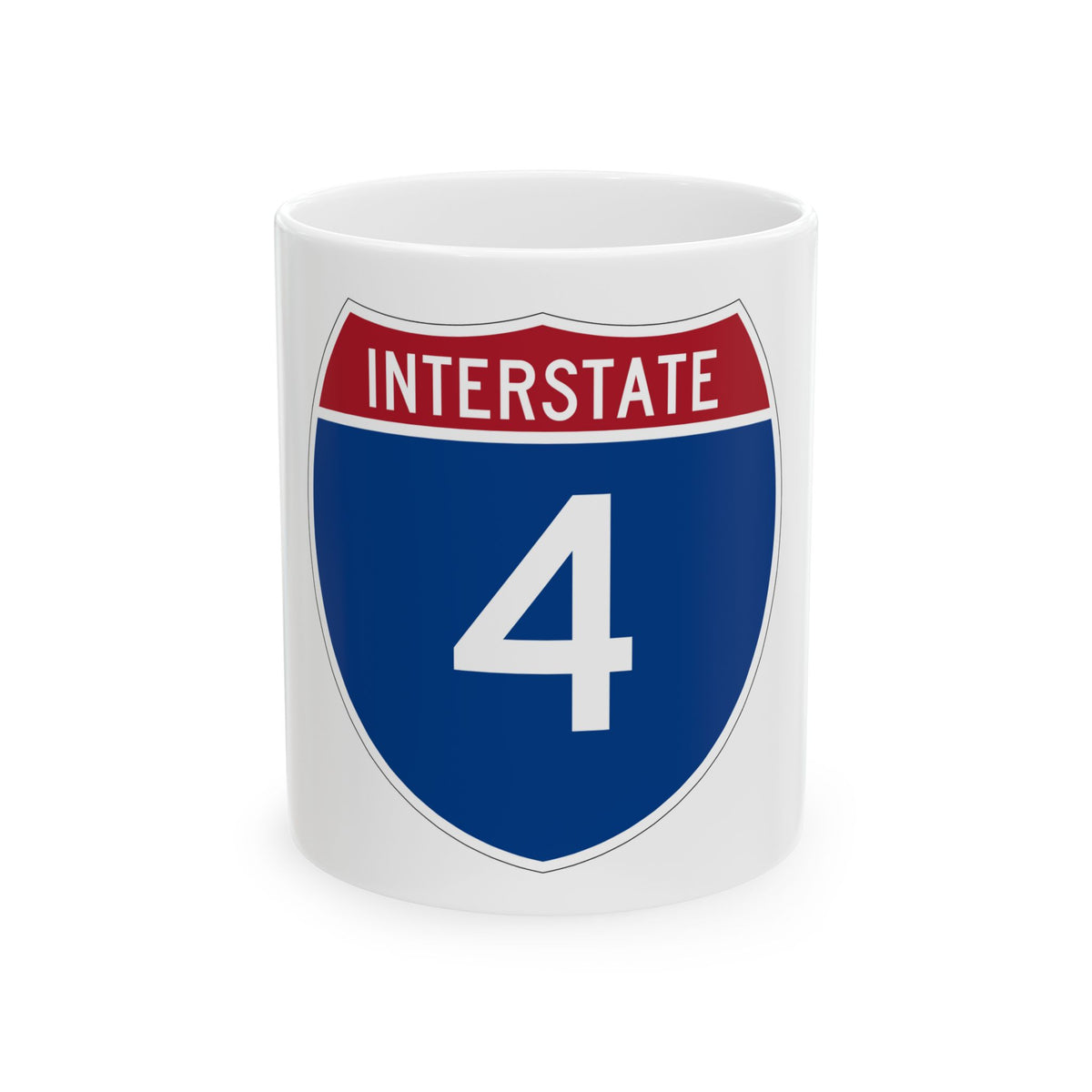 Interstate 4 highway shield, flat vector, with a red INTERSTATE top band over white route number 4 on blue.
