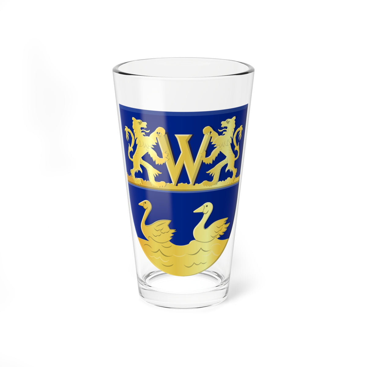 Two gold lions flank a gold letter W above two swans on wavy blue water within a heraldic shield design.