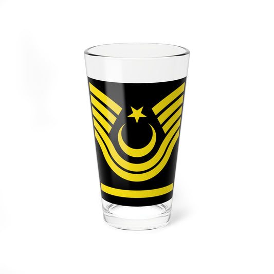 Black rectangular badge with yellow chevron bands on each side, a yellow crescent and star and one bar below.
