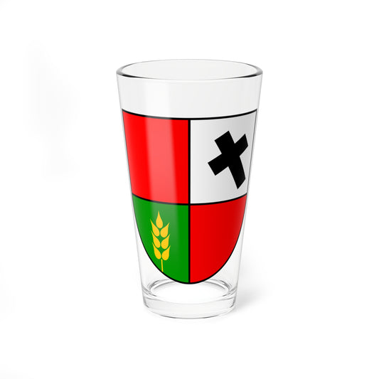 Quartered heraldic shield with red and white fields, a black cross and a gold wheat ear on green.