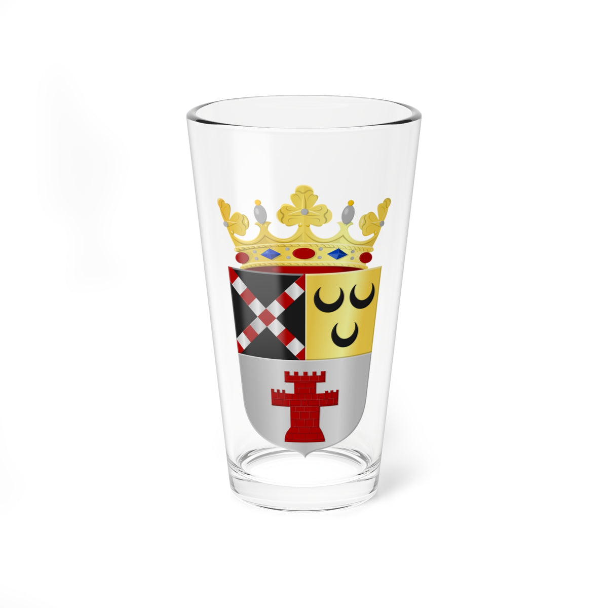 Coat of arms with a checkered saltire, three black crescents on gold, a red castle on silver, and a gold crown.