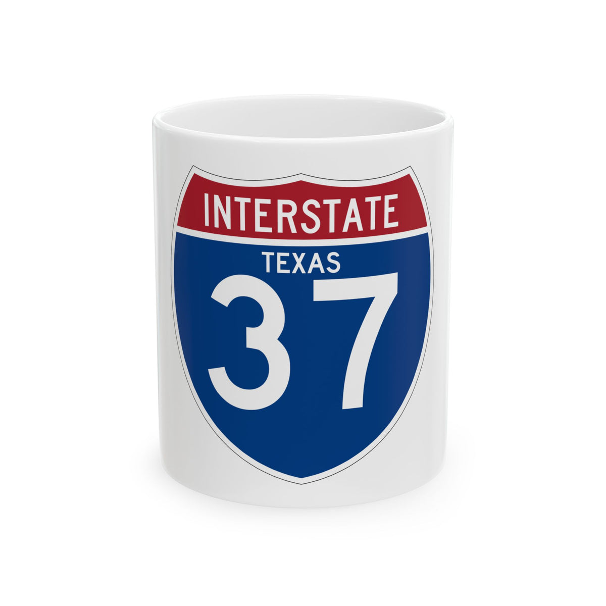 Interstate 37 shield in navy and brick red showing INTERSTATE, a TEXAS label and the white route number 37.