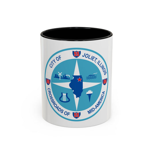 Blue and white circular seal of Joliet, Illinois, with a compass rose, state map, torch and factory skyline.