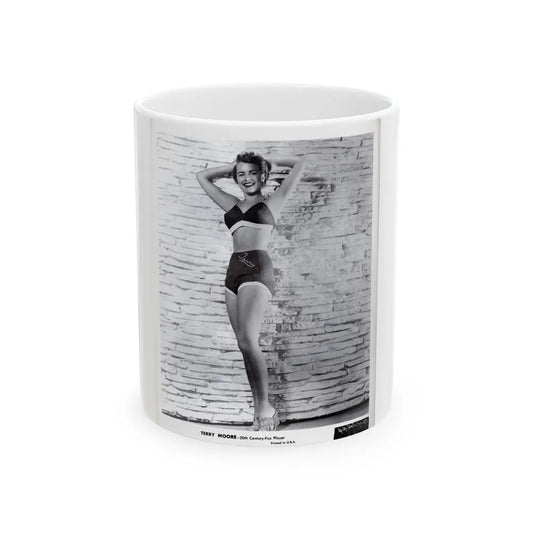 Terry Moore #709 - 8x10 1953 2-Piece B&W Full Body Swimsuit Cheesecake Photo from 20th Century Fox Photo Shoot1 (Vintage Female Icon) White Coffee Mug-11oz-Go Mug Yourself