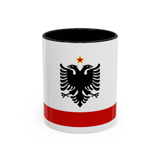 Black double-headed eagle with a red star above it on a white field, with a red band along the bottom.