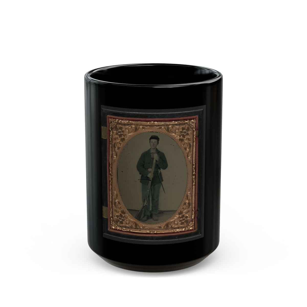 Unidentified Soldier In Union Sack Coat And Forage Hat With Cartridge Pouch, Bayonet Scabbard, And Musket (U.S. Civil War) Black Coffee Mug