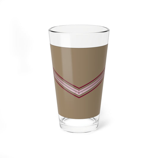 Downward-pointing chevron with maroon and white diagonal stripes, outlined in maroon, on a tan background.