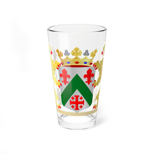 Two gold lions support a silver shield with red fleurs-de-lis, a green chevron and a red cross, under a crown.