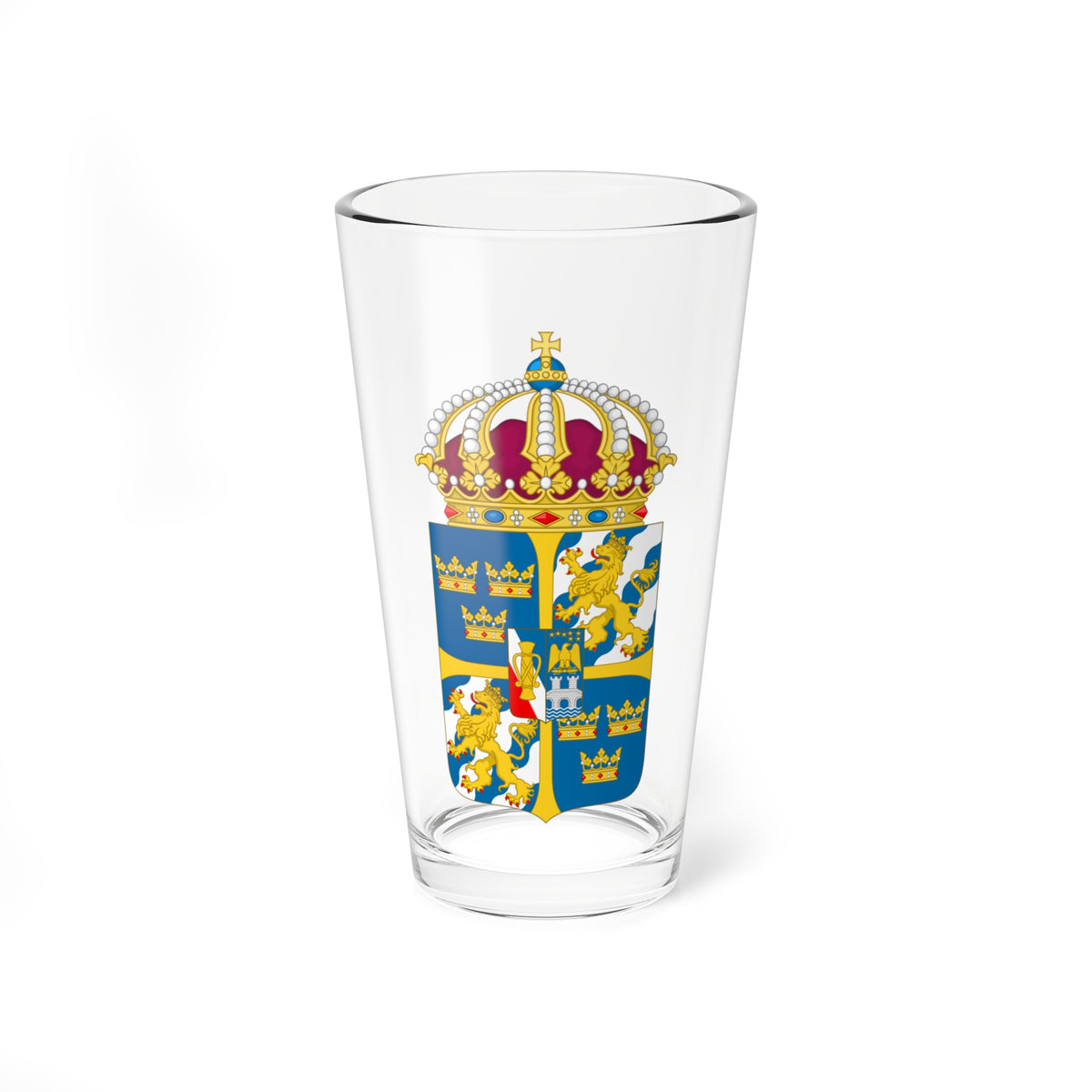 Royal heraldic shield with blue and gold quarters, lions and three crowns, topped by a pearled crown.