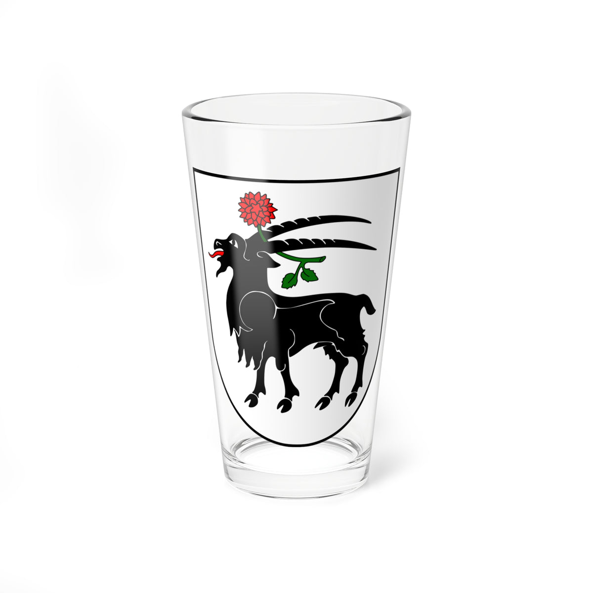 Black goat with long curved horns holding a red flower on a green stem, on a white heraldic shield.