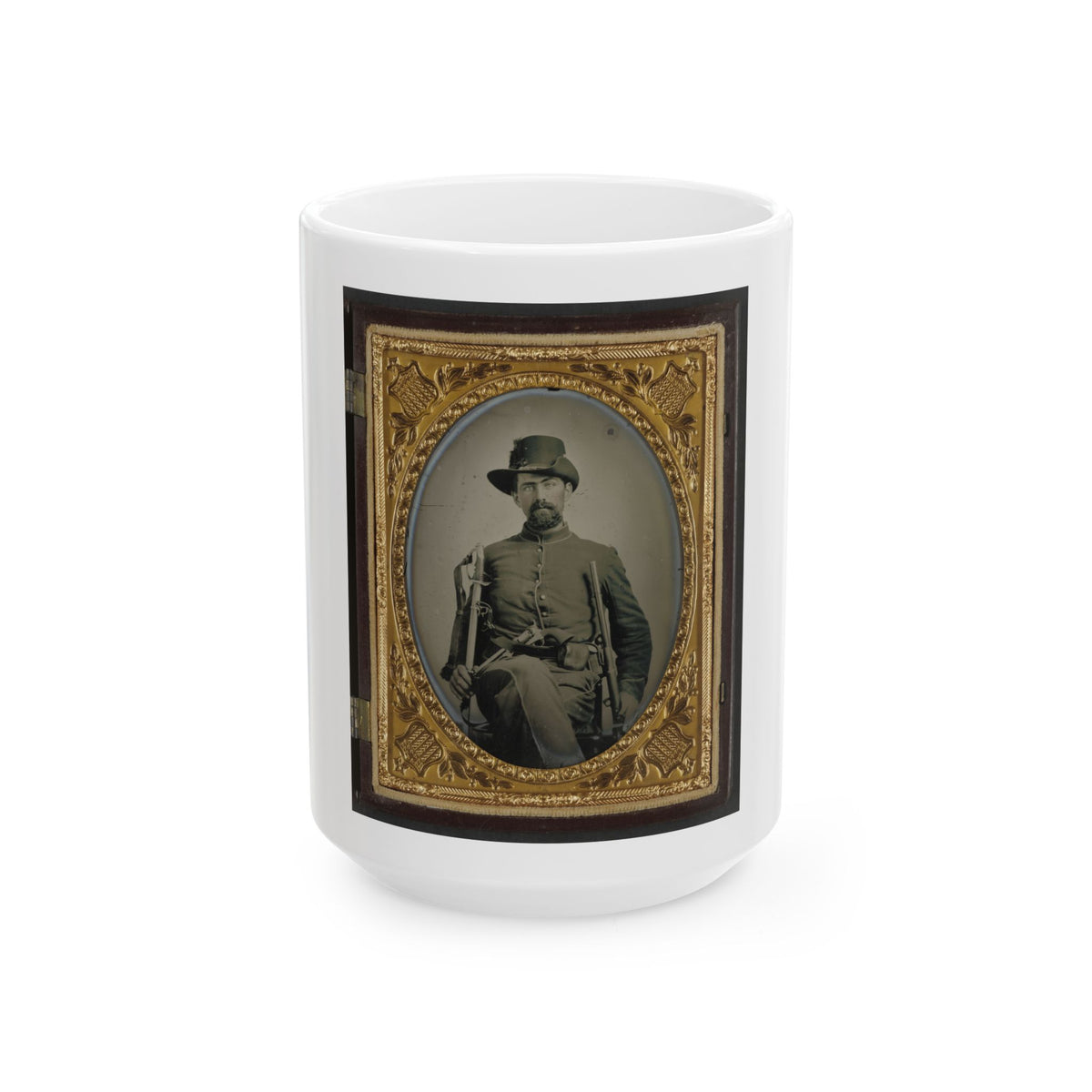 Unidentified Soldier In Union Cavalry Uniform With Cavalry Sword, Colt Army Revolver, And Carbine (U.S. Civil War) White Coffee Mug
