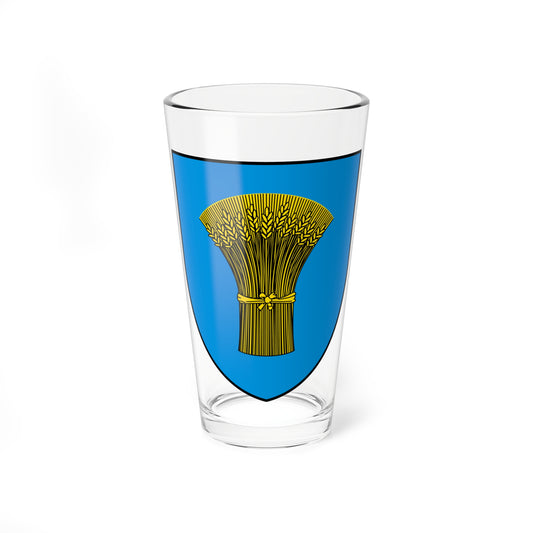 Sky-blue heraldic shield with a golden wheat sheaf, tied with a bow, its ears fanning out at the top.