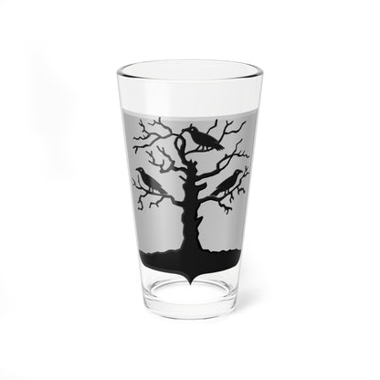 Black silhouette of a bare tree with three crows perched on its branches, set on a silver grey heraldic shield.