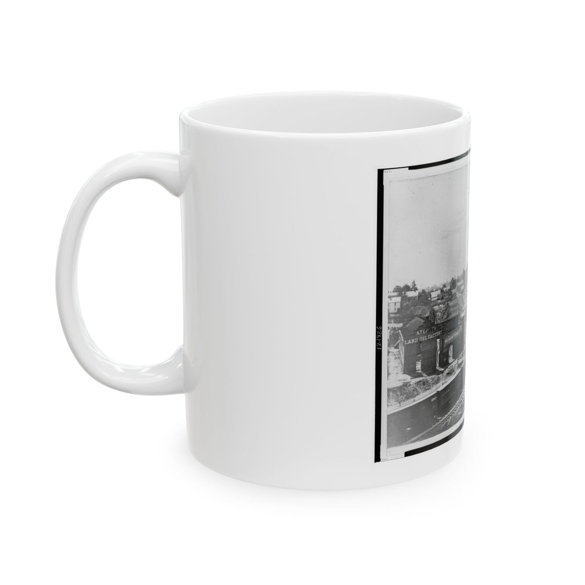 View Of Atlanta, Georgia, With Railroad Cars In Left Foreground (U.S. Civil War) White Coffee Mug