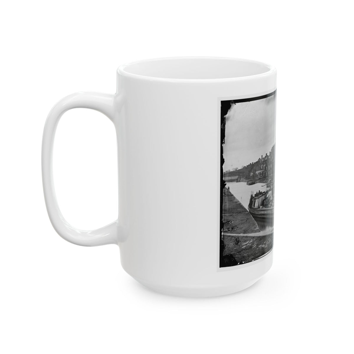 Richmond, Va. Barges With African Americans On The Canal; Ruined Buildings Beyond (U.S. Civil War) White Coffee Mug