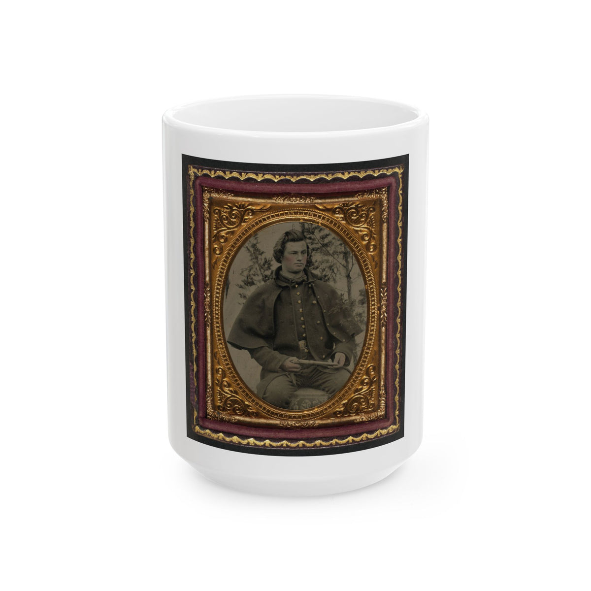 Unidentified Soldier In Union Uniform And Greatcoat Holding Handgun With Trees In Background (U.S. Civil War) White Coffee Mug