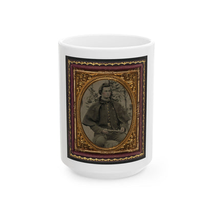 Unidentified Soldier In Union Uniform And Greatcoat Holding Handgun With Trees In Background (U.S. Civil War) White Coffee Mug
