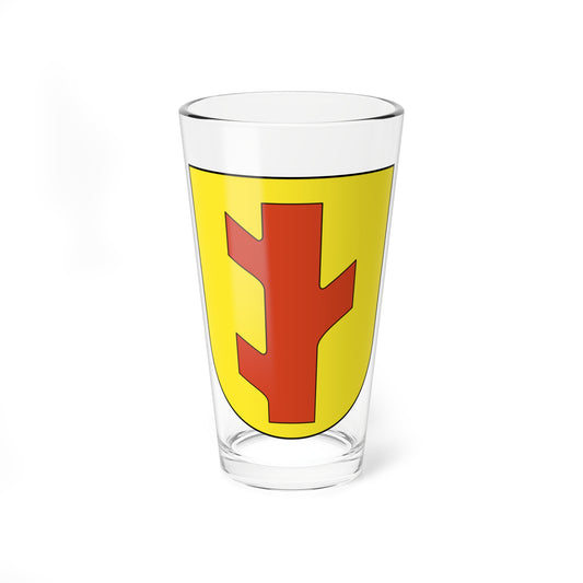 Yellow heraldic shield bearing a red vertical bar with notched, branch-like sides on a plain field.