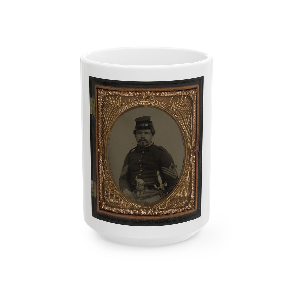 Unidentified Soldier In Union First Sergeant's Uniform With Militia Sword And Revolver (U.S. Civil War) White Coffee Mug