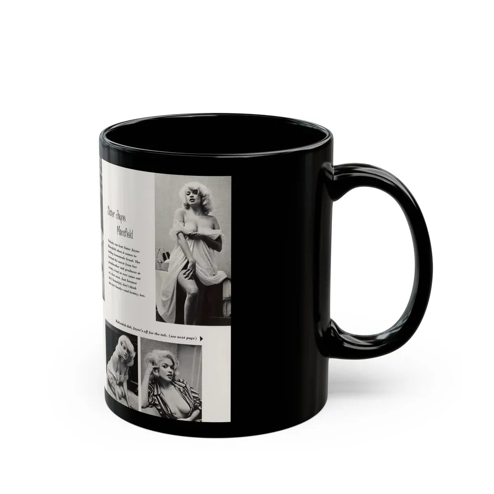 Jayne Mansfield #181 - 2 Pages, 5 B&W Photos & Captions from SCAMP Mag. May '57 (Vintage Female Icon) Black Coffee Mug-Go Mug Yourself