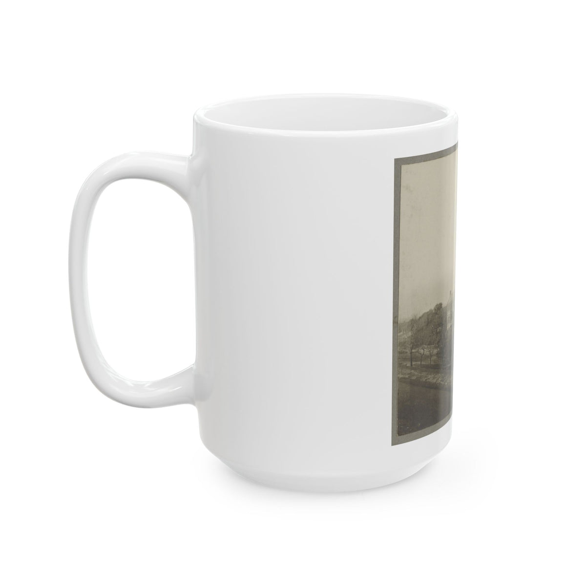 An Aerial View Of A House, Tents, And Other Buildings Partly Obscured By Trees (U.S. Civil War) White Coffee Mug