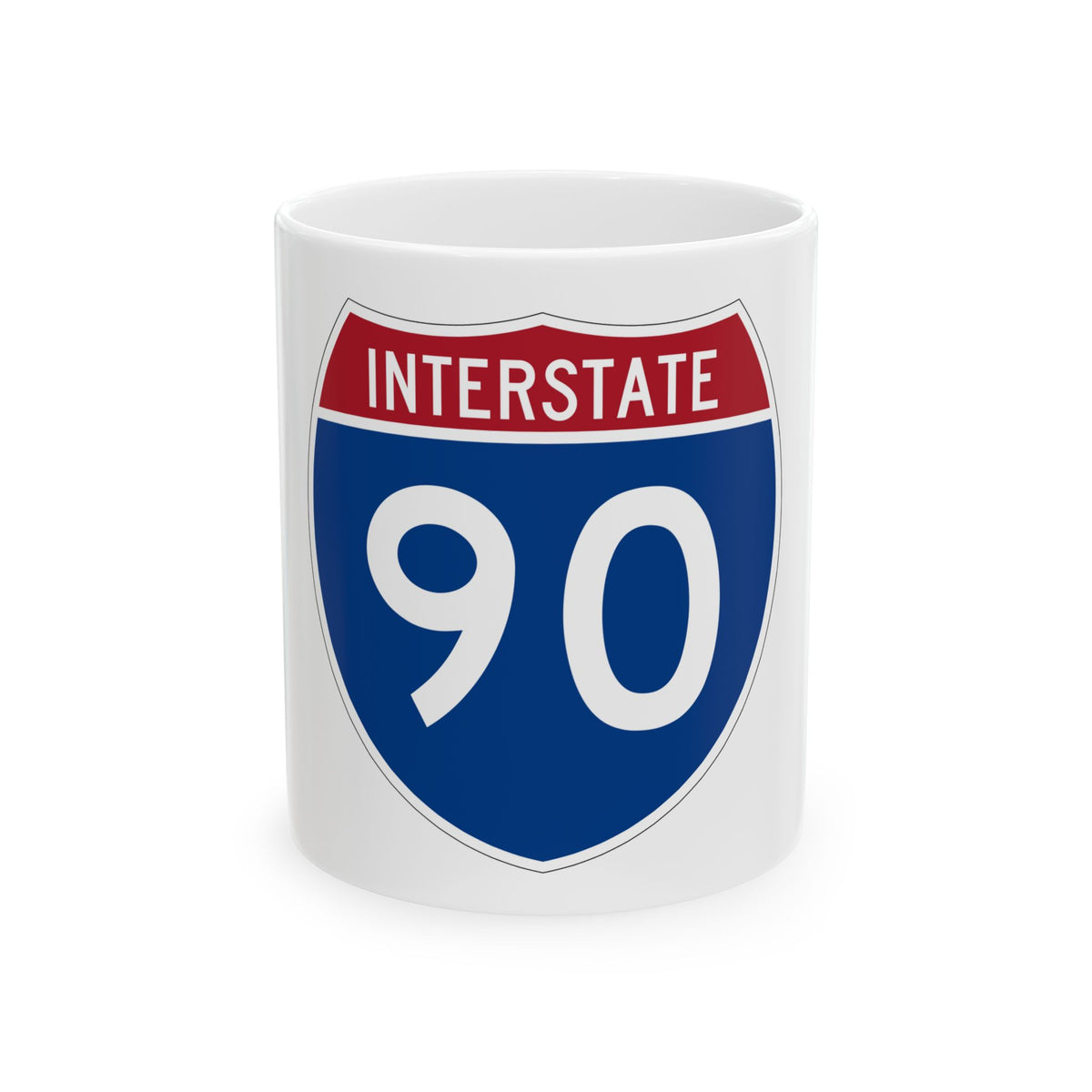 Navy and red US Interstate 90 route shield in flat vector style, with INTERSTATE in white across the red top band.