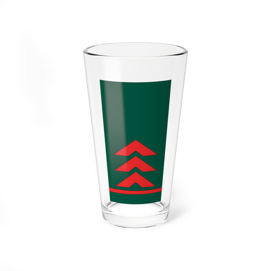 Dark green rectangular panel with three stacked red chevrons above a full-width red bar near the bottom edge.
