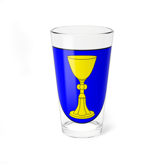 Yellow chalice with a knopped stem centred on a solid blue heraldic shield outlined in black.