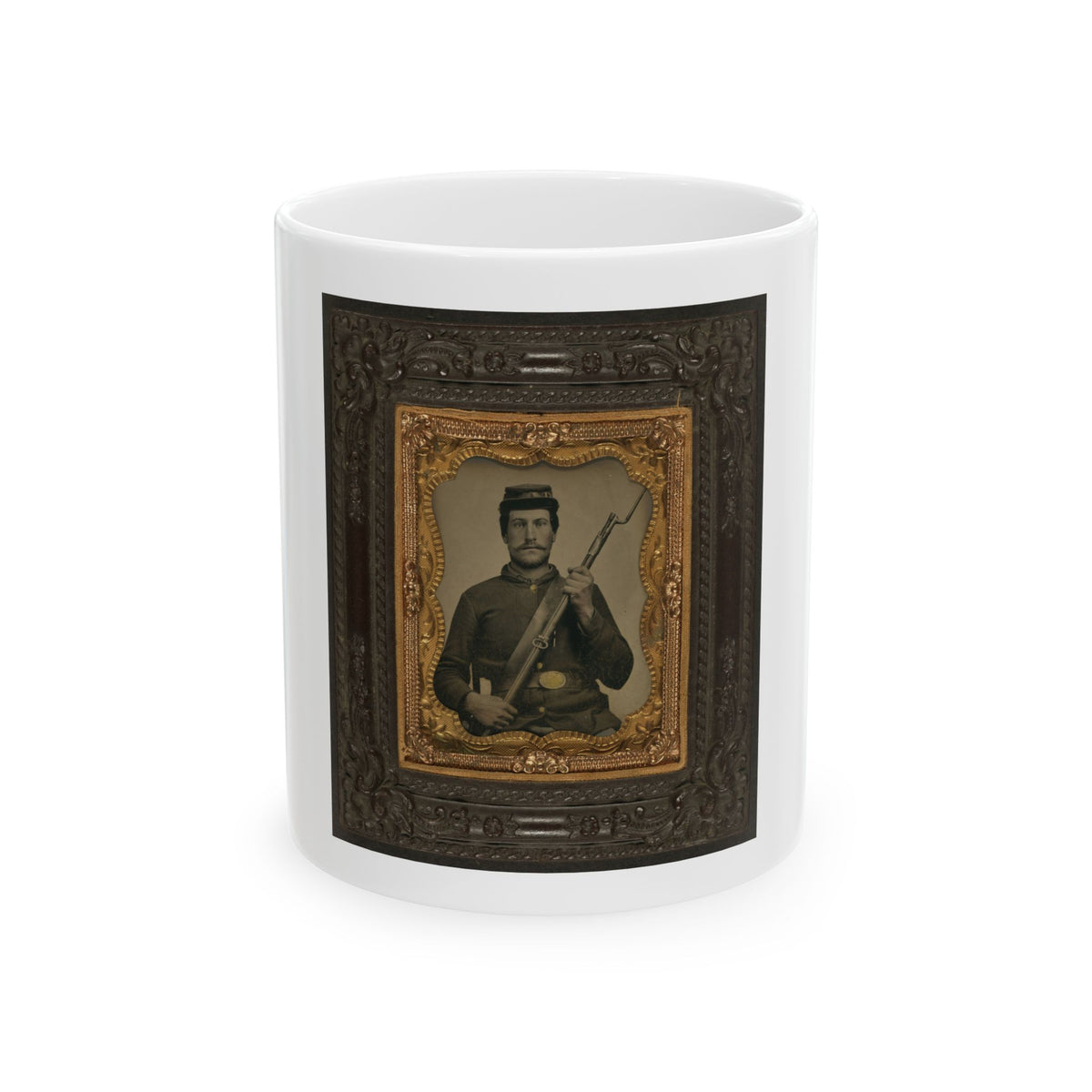 Private William F. Bower Of Company D, 21st Ohio Regiment Infantry Volunteers, With Bayoneted Musket (U.S. Civil War) White Coffee Mug