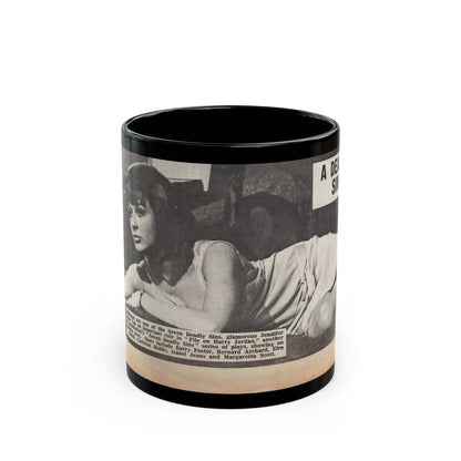 Jennifer Jayne #15 - 7x4 B&W Sexy Photo on Bed from U.K. News Paper Clipping (Vintage Female Icon) Black Coffee Mug-11oz-Go Mug Yourself