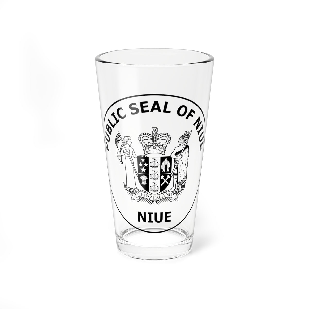 Black and white line-art seal of Niue with a crowned shield, two standing figures and fern fronds.