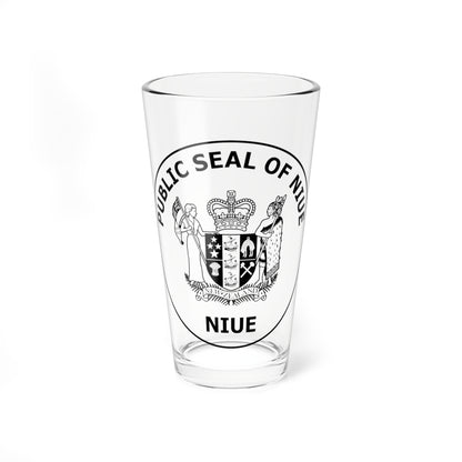 Black and white line-art seal of Niue with a crowned shield, two standing figures and fern fronds.